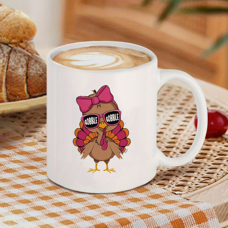 Tailorly White Ceramic 11 oz Mug - Gobble Gobble Cute Cartoon Bird Wearing Pink Bow And Sunglasses Turkey