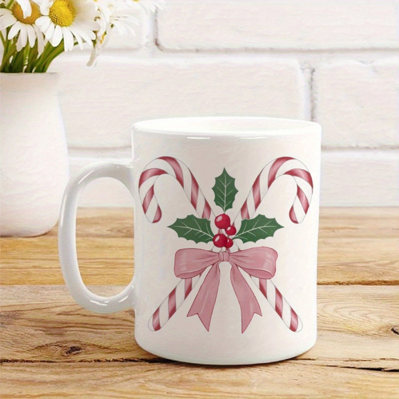 Tailorly White Ceramic 11 oz Mug - Festive Candy Canes With Holly Berries And Elegant Pink Bow Mug
