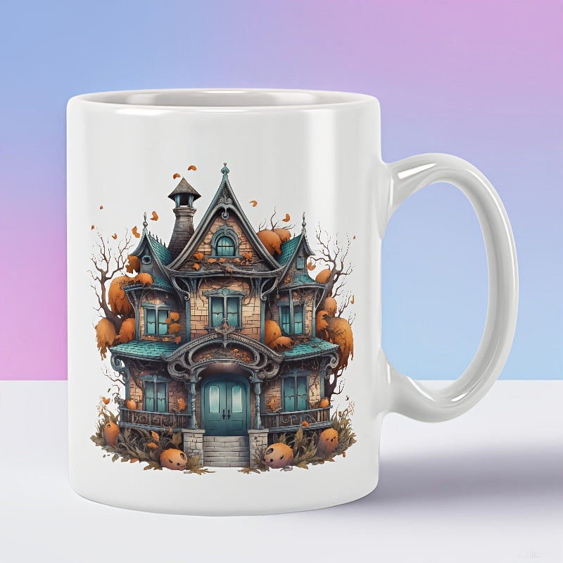 Tailorly White Ceramic 11 oz Mug - Spooky Victorian Mansion With Carved Pumpkins Among Withered Autumn Trees House