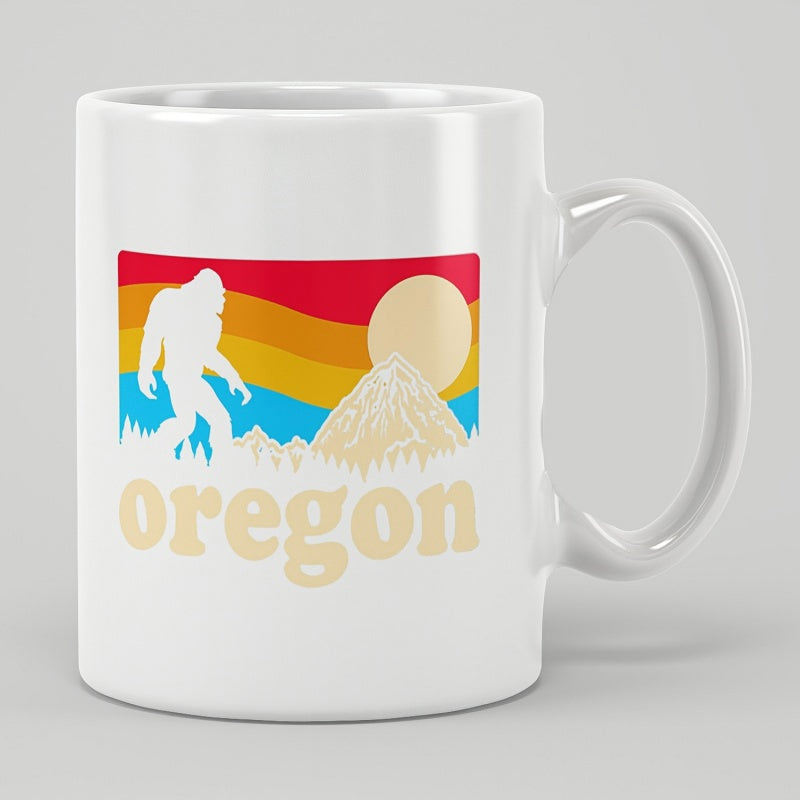 Tailorly White Ceramic 11 oz Mug - Oregon Retro Sunset Behind Mountains With A Walking Mythical Sasquatch