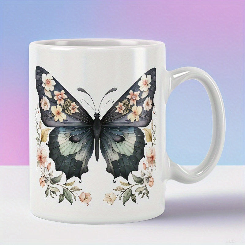 Tailorly White Ceramic 11 oz Mug - Intricate Wings Decorated With Delicate Flowers And Surrounded By Floral Accents Butterfly