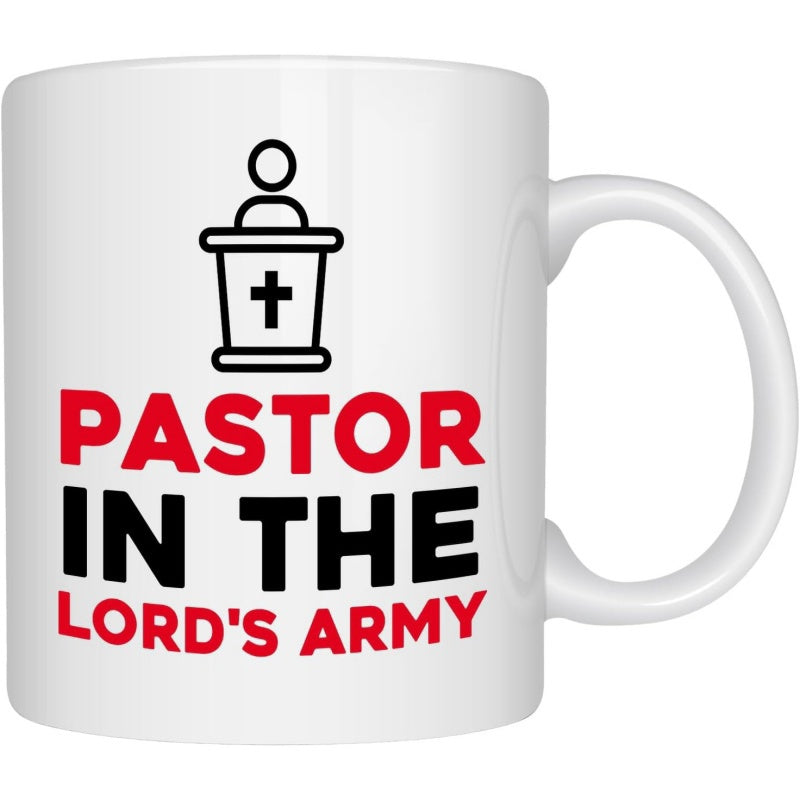 Tailorly White Ceramic 11 oz Mug - Pastor In The Lord's Army Minimalist Black Line Art Featuring A Religious Holy Cross Pulpit