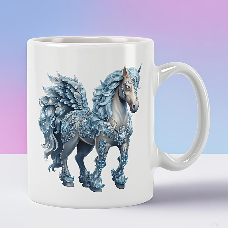 Tailorly White Ceramic 11 oz Mug - Majestic Mythical Creature With Icy Blue Crystals And Elegant Shimmering Wings Horse