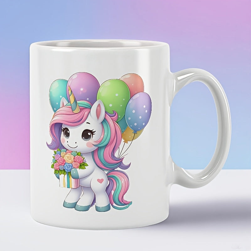 Tailorly White Ceramic 11 oz Mug - Sweet Cartoon Character Holding Flowers Among Vibrant Polka Dot Balloons Unicorn