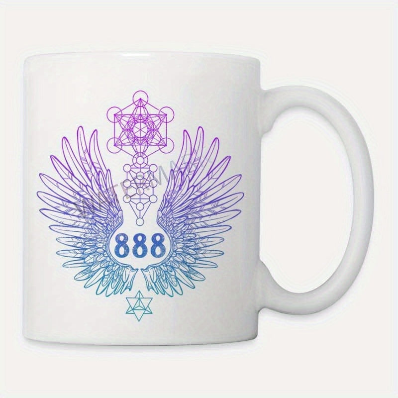 Tailorly White Ceramic 11 oz Mug - 888 Spiritual Sacred Geometry With Celestial Gradient Purple Blue Angel Wings