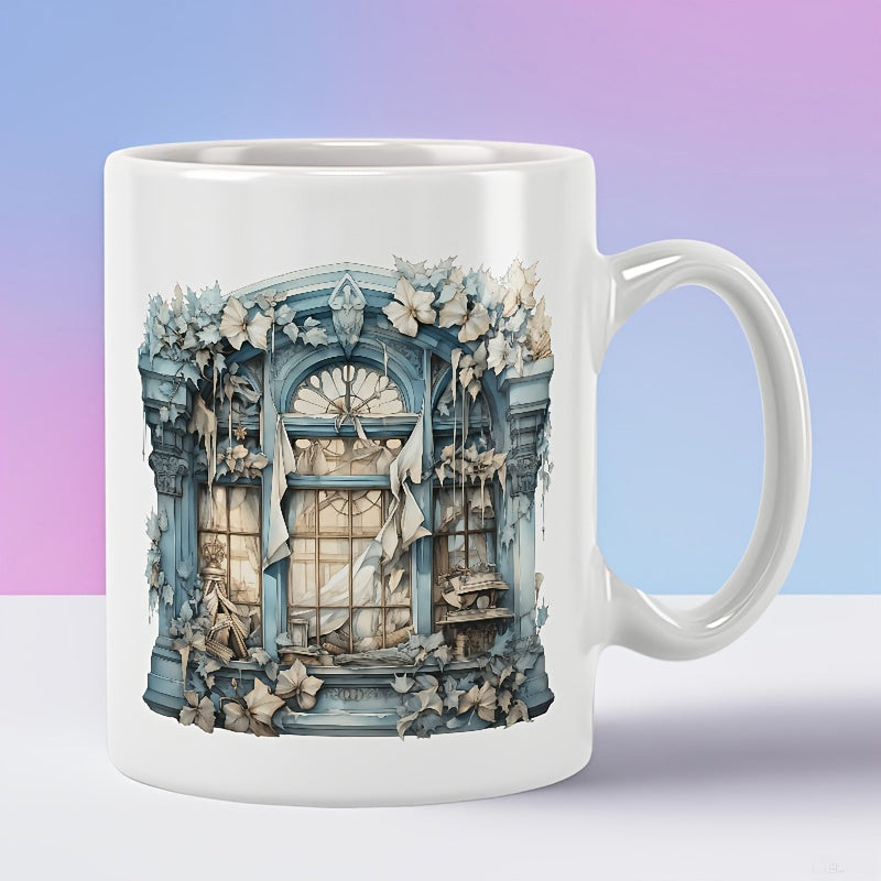 Tailorly White Ceramic 11 oz Mug - Vintage Blue Arch With Overgrown Ivy Vines And Warm Glowing Light Window