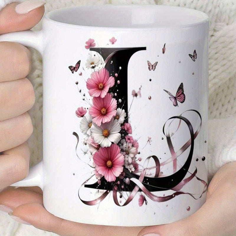 Tailorly White Ceramic 11 oz Mug - L Elegant Monogram Adorned With Pink Flowers And Dancing Butterflies Ribbons Letter
