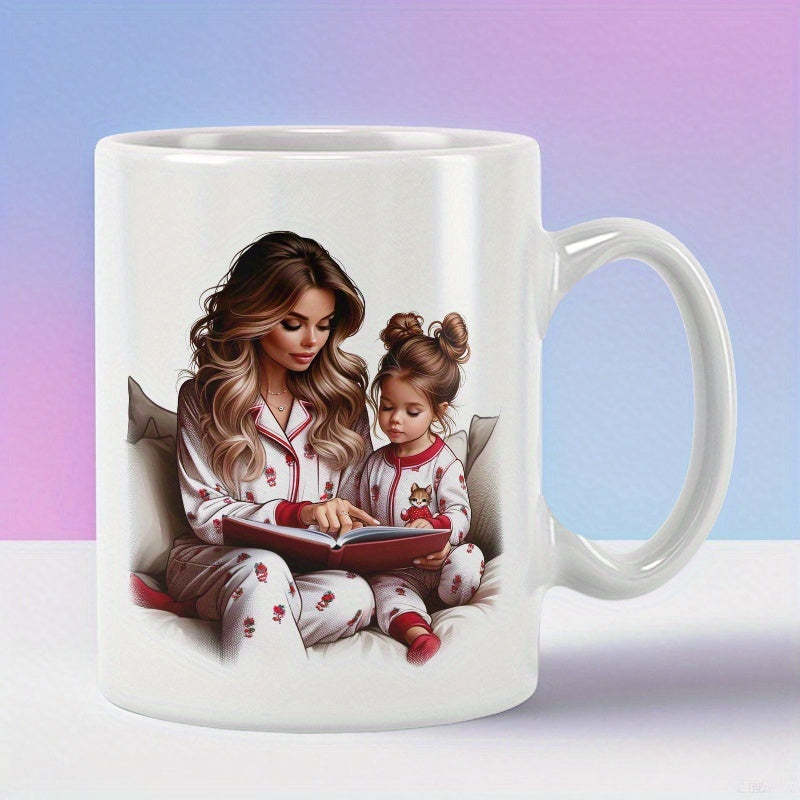 Tailorly White Ceramic 11 oz Mug - Mother And Little Daughter Reading Storybook Together While Wearing Pajamas Illustration