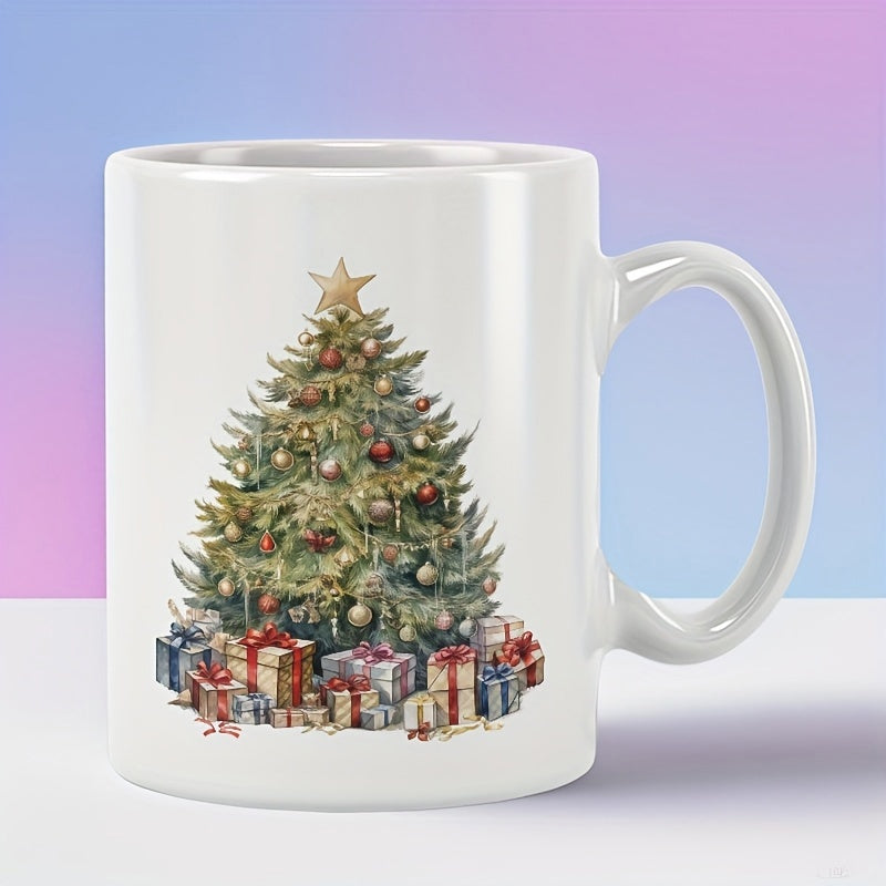 Tailorly White Ceramic 11 oz Mug - Festive Evergreen Tree Adorned With Golden Star And Colorful Holiday Presents Christmas Tree