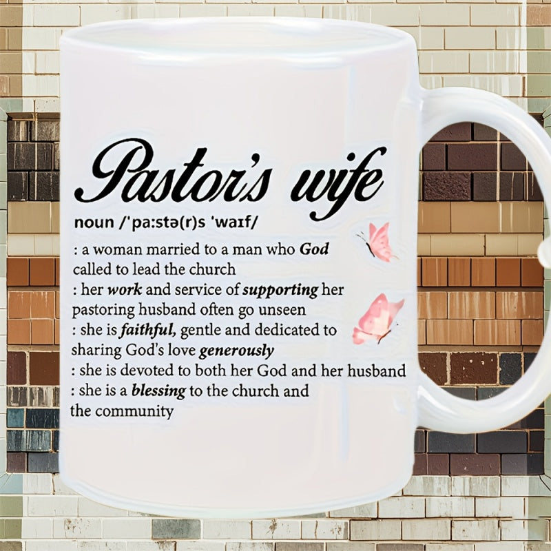 Tailorly White Ceramic 11 oz Mug - Pastor's Wife Delicate Pink Butterflies Fluttering Around Meaningful Christian Script Butterfly