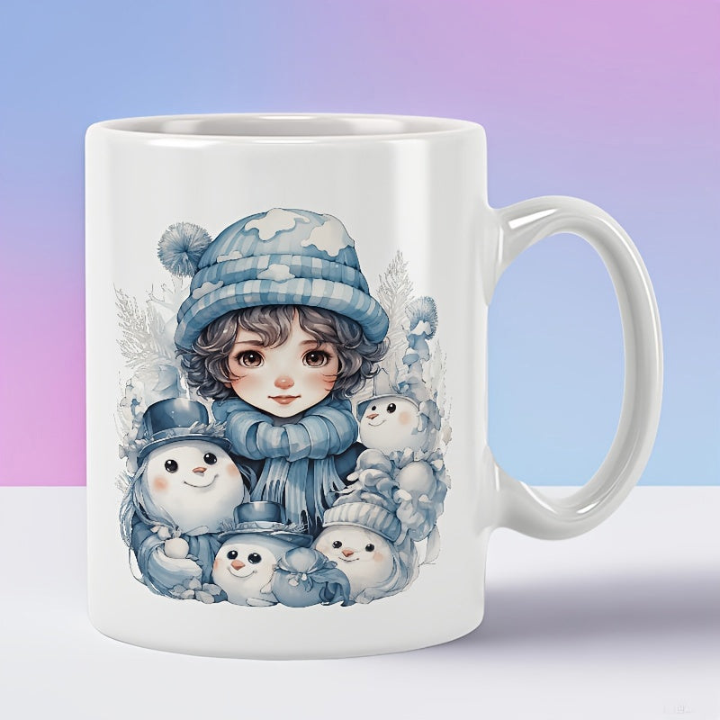 Tailorly White Ceramic 11 oz Mug - Adorable Winter Child Wearing Blue Knitted Hat Surrounded By Friendly Snowmen Girl