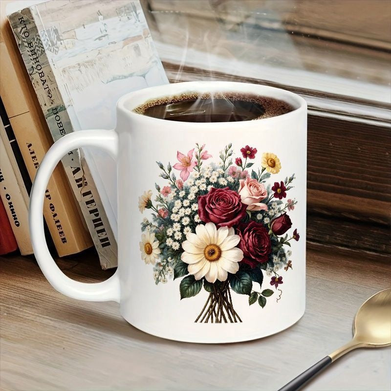 Tailorly White Ceramic 11 oz Mug - Elegant Vintage Roses And Daisies Tied Together In A Lush Floral Bouquet