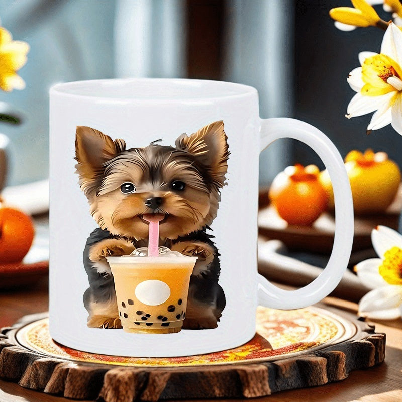 Tailorly White Ceramic 11 oz Mug - Adorable Fluffy Puppy Drinking Sweet Bubble Tea From A Cup Dog