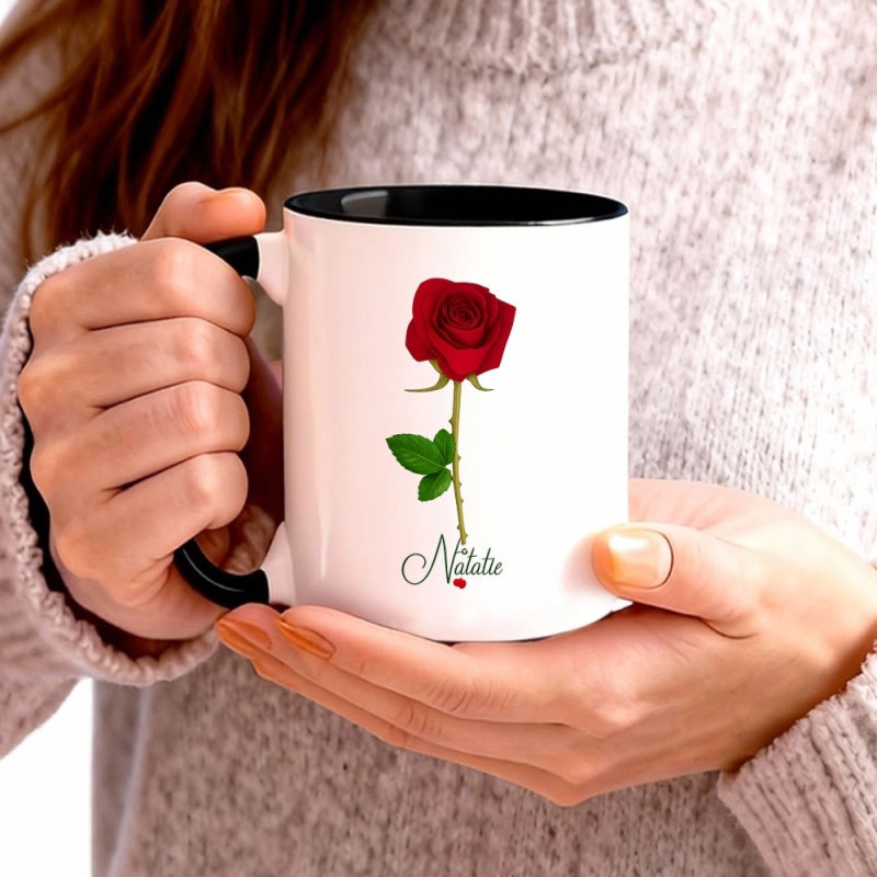 Tailorly Black Accent 11 oz Mug - red rose with green leaves