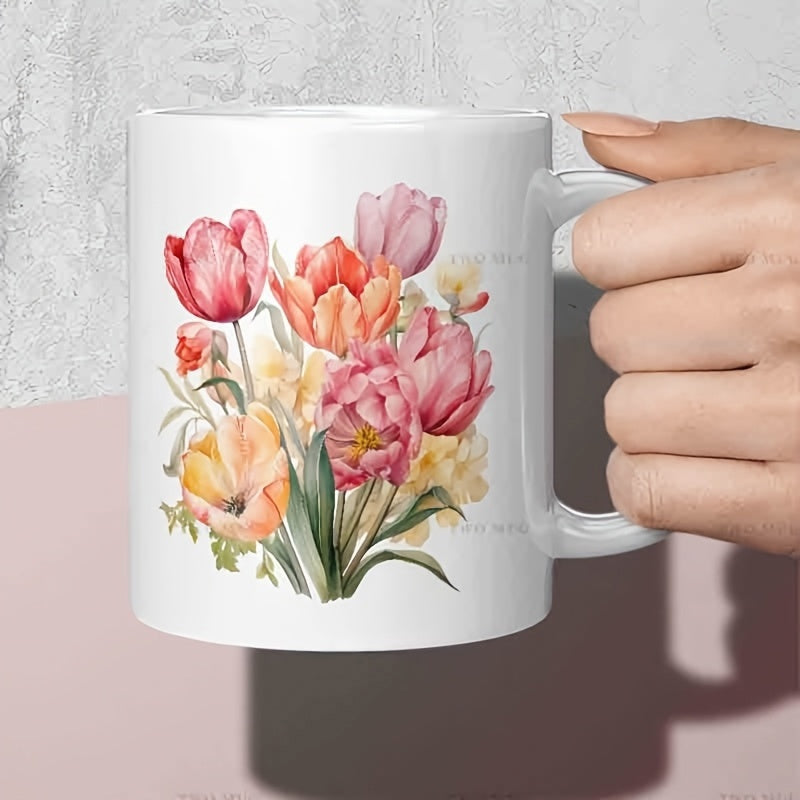 Tailorly White Ceramic 11 oz Mug - Vibrant Watercolor Tulips Blooming Elegantly Among Soft Green Leaves Flowers