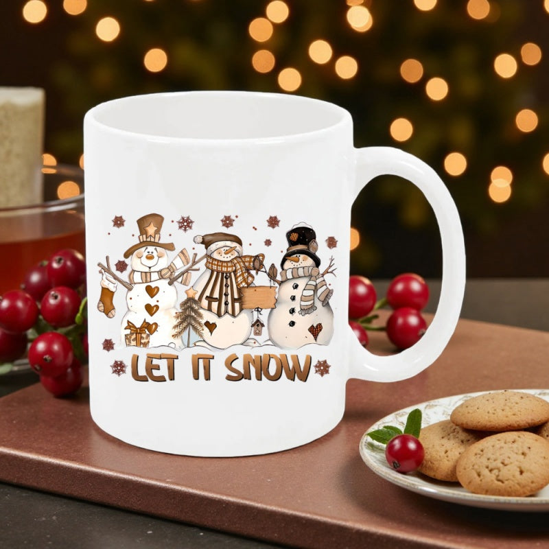 Tailorly White Ceramic 11 oz Mug - Let It Snow Three Festive Winter Snowmen Wearing Warm Scarves And Hats Among Snowflakes Snowman
