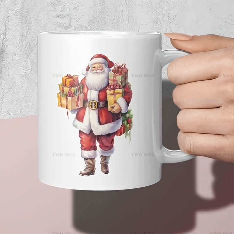 Tailorly White Ceramic 11 oz Mug - Jolly Old Santa Claus Carrying Many Colorful Wrapped Christmas Gift Boxes Santa