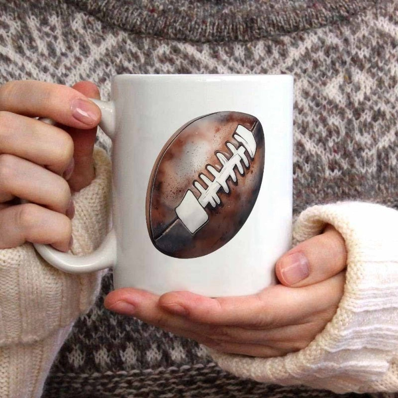 Tailorly White Ceramic 11 oz Mug - Vintage Textured Brown American Football Featuring Detailed Classic White Laces Football