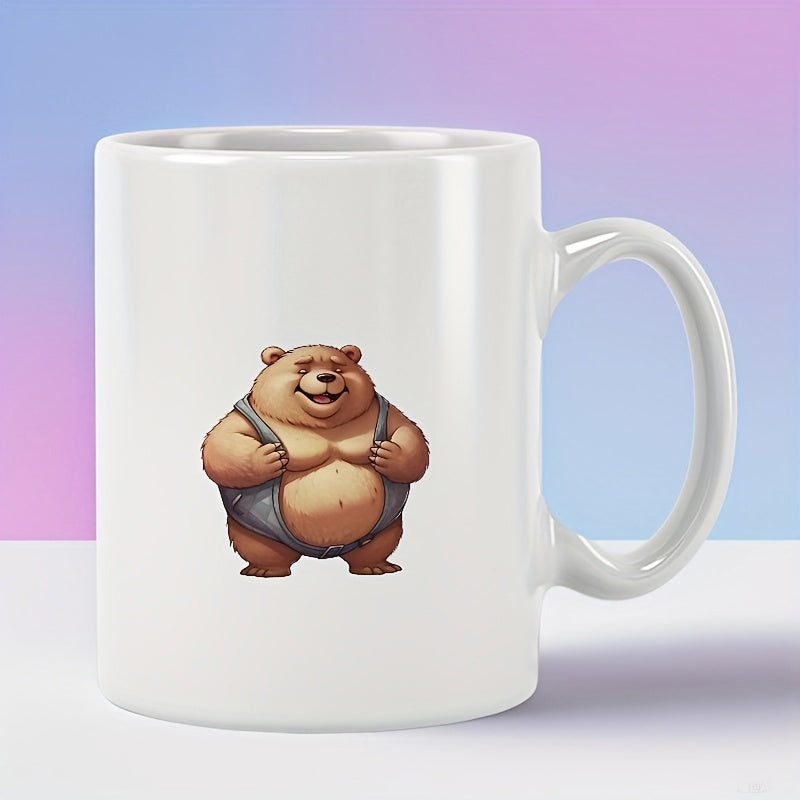 Tailorly White Ceramic 11 oz Mug - Strong Muscular Smiling Brown Bodybuilder Wearing Gray Athletic Gym Singlet Bear