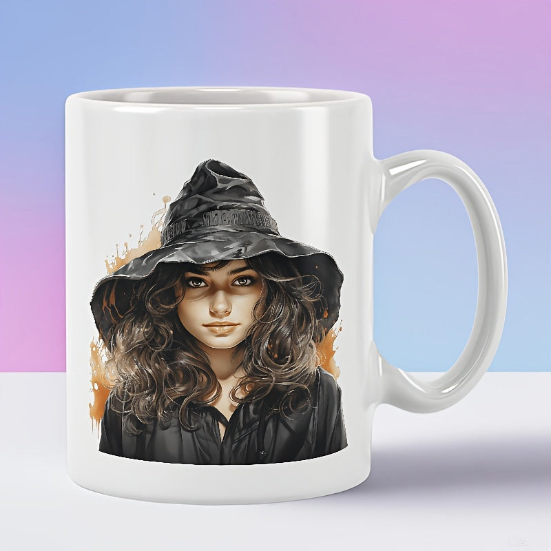 Tailorly White Ceramic 11 oz Mug - Mysterious Young Woman Wearing Large Black Pointed Wizard Hat With Curls Witch