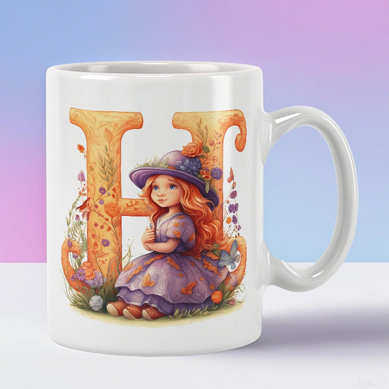 Tailorly White Ceramic 11 oz Mug - Whimsical Fantasy Garden With Butterfly Accents And Elegant Floral Alphabet Girl