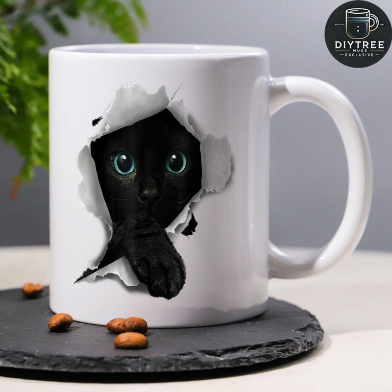 Tailorly White Ceramic 11 oz Mug - Curious Black Peeking Kitty Tearing Through White Ripped Paper Effect Cat