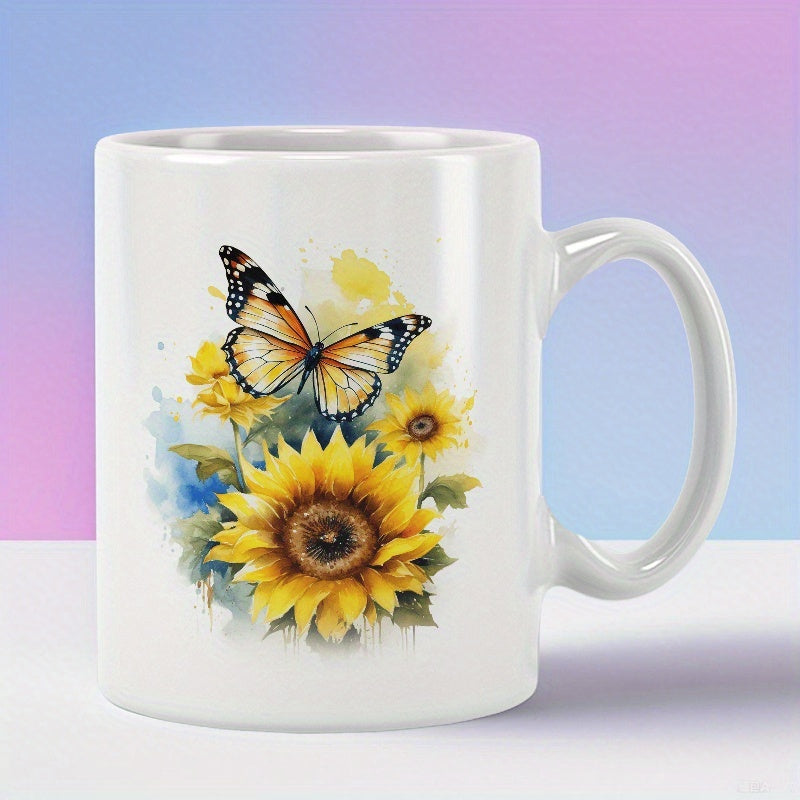 Tailorly White Ceramic 11 oz Mug - Vibrant Watercolor Yellow Sunflowers With A Golden Butterfly Among Soft Petals Butterfly