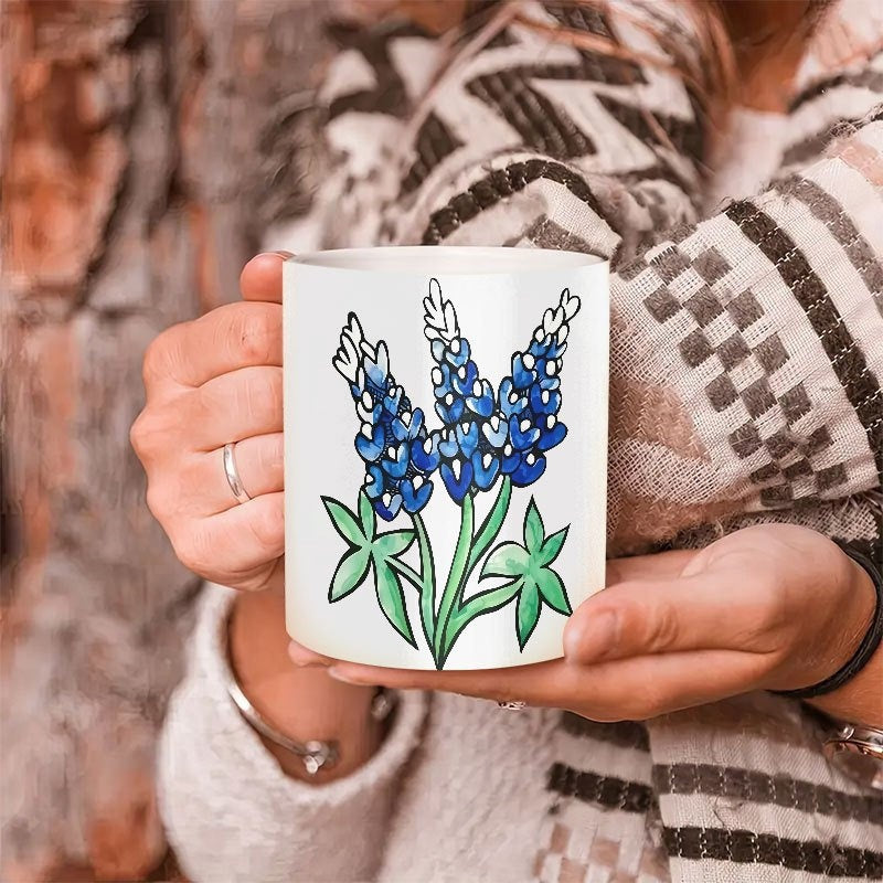 Tailorly White Ceramic 11 oz Mug - Vibrant Blue Flowers With Green Leaves Standing Tall On White Background Bluebonnets