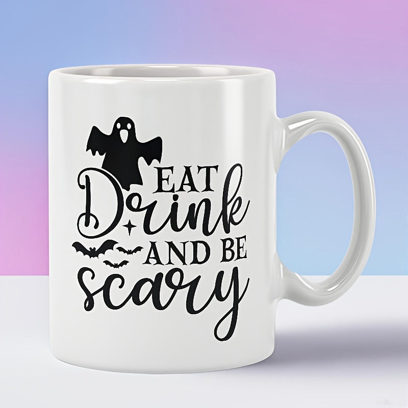 Tailorly White Ceramic 11 oz Mug - Eat Drink And Be Scary Spooky Black Silhouette Surrounded By Tiny Bats And Stylized Fonts Ghost
