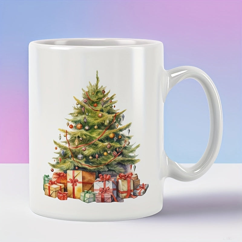 Tailorly White Ceramic 11 oz Mug - Lush Green Branches With Golden Ornaments And Festive Colorful Presents Christmas Tree
