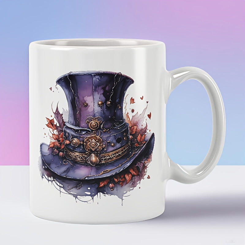 Tailorly White Ceramic 11 oz Mug - Artistic Purple Watercolor Steampunk Design Featuring Ornate Gold Metallic Gears Hat