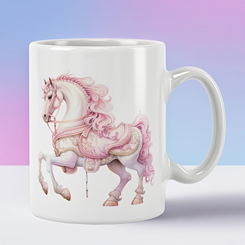 Tailorly White Ceramic 11 oz Mug - Elegantly Detailed White Carousel With Flowing Pink Mane And Ornate Saddle Horse