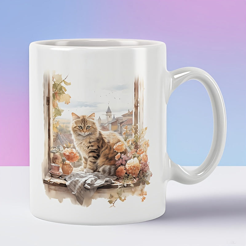 Tailorly White Ceramic 11 oz Mug - Watercolor Scene Of A Fluffy Tabby Sitting On A Flowery Windowsill Cat