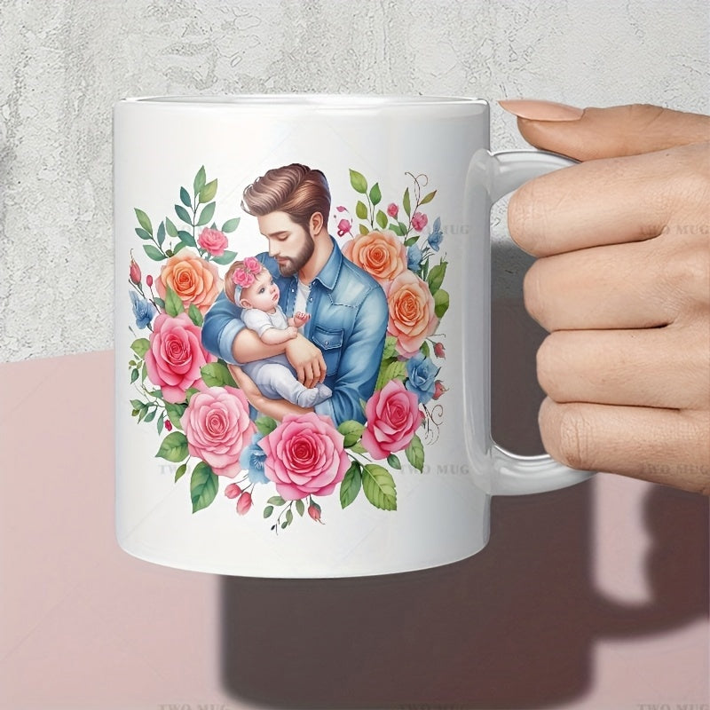 Tailorly White Ceramic 11 oz Mug - Tenderly Holding A Small Baby Among Beautiful Pink And Orange Roses Father