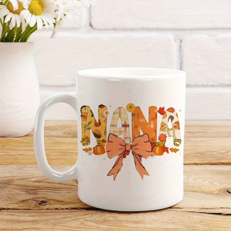 Tailorly White Ceramic 11 oz Mug - Nana Decorative Autumn Pattern Featuring Pumpkins And Leaves With Large Bow