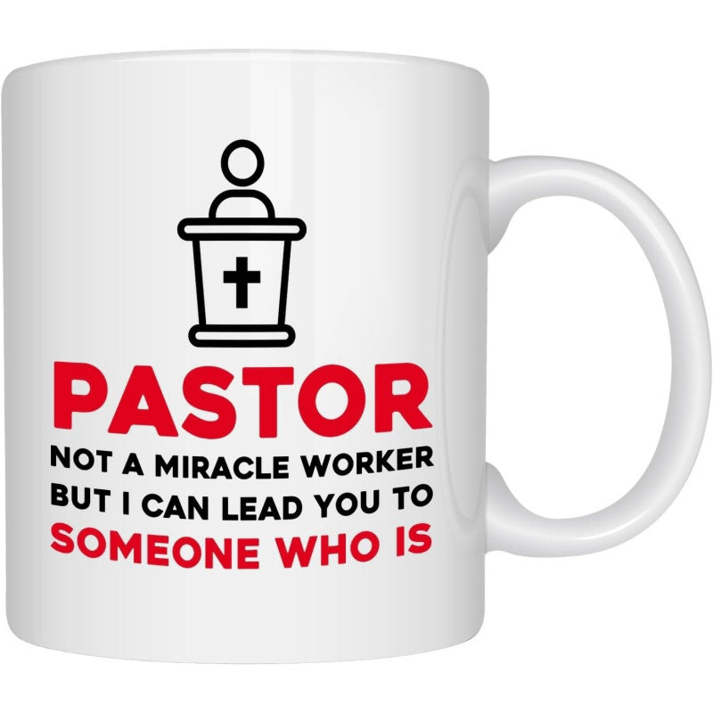 Tailorly White Ceramic 11 oz Mug - Pastor Not A Miracle Worker But I Can Lead You To Someone Who Is Simple Black Line Art Icon Of A Person Standing Behind A Sacred