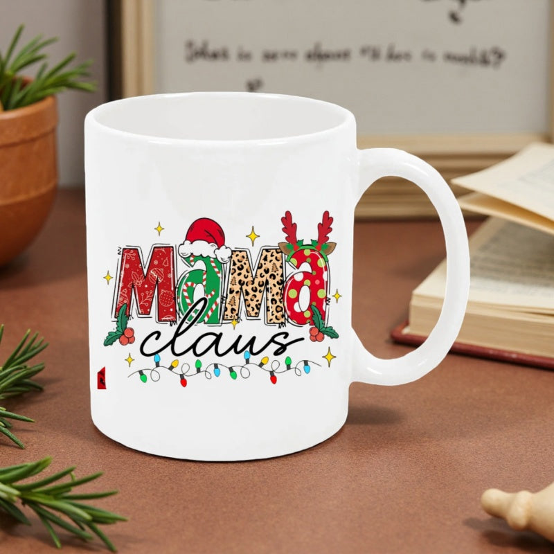 Tailorly White Ceramic 11 oz Mug - Mama Claus Festive Holiday Design Featuring Santa Hat Antlers And Colorful String Lights Mug