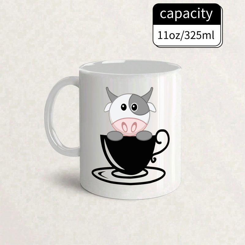 Tailorly White Ceramic 11 oz Mug - Cute Minimalist Character Peeking From Within A Small Black Decorative Teacup Cow