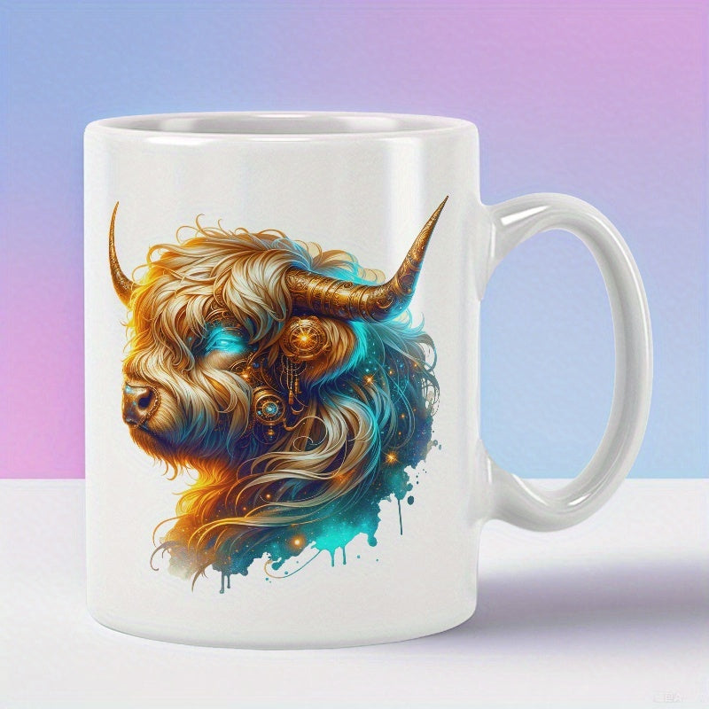 Tailorly White Ceramic 11 oz Mug - Vibrant Artistic Rendering Of Long Haired Cattle With Colorful Horns Cow