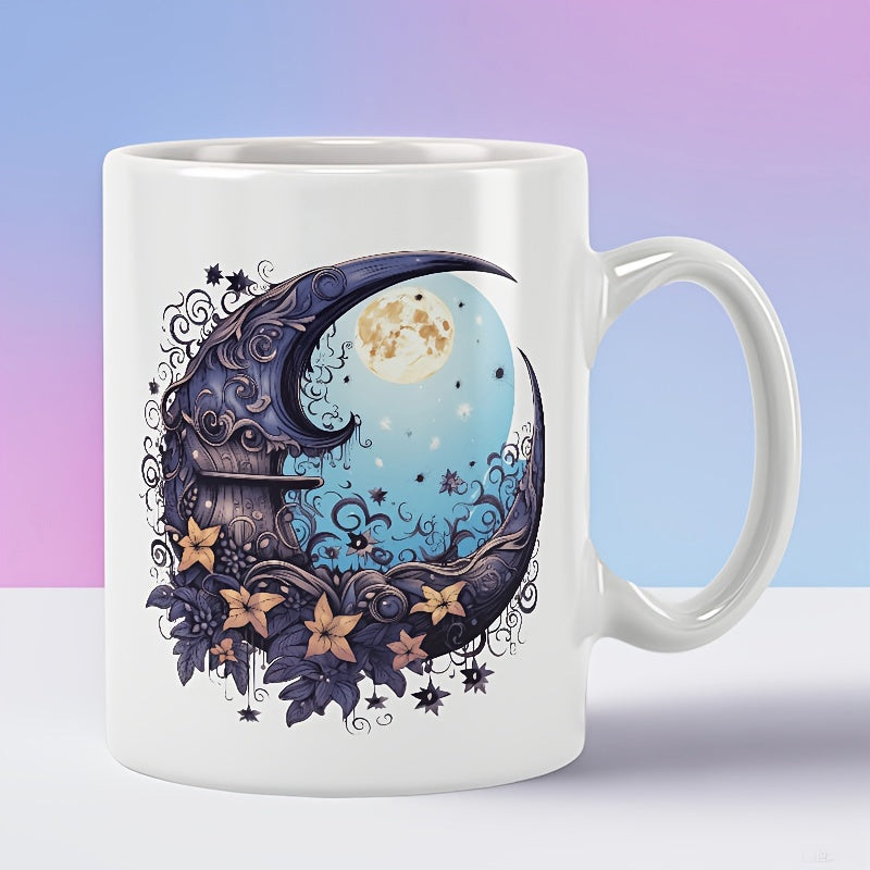 Tailorly White Ceramic 11 oz Mug - Intricate Crescent With Swirling Filigree Accents And Blooming Flowers Under Starlight Moon