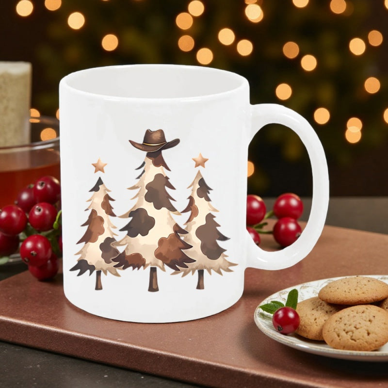 Tailorly White Ceramic 11 oz Mug - Cow Print Patterned Pines Wearing A Rustic Brown Cowboy Hat Christmas Tree