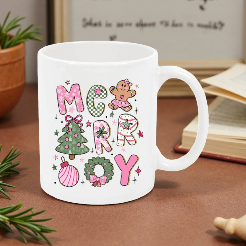Tailorly White Ceramic 11 oz Mug - Merry Joy Festive Christmas Tree And Gingerbread Girl With Decorative Wreath Mug