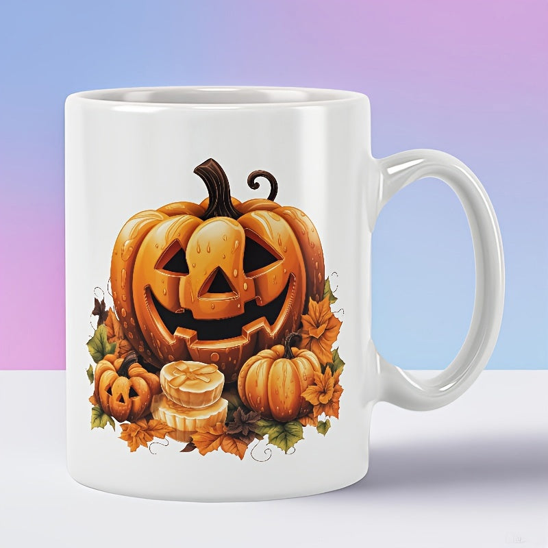 Tailorly White Ceramic 11 oz Mug - Vibrant Festive Halloween Scene Among Autumn Maple Leaves And Small Pumpkins Pumpkin
