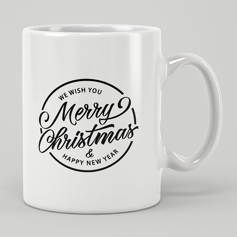 Tailorly White Ceramic 11 oz Mug - We Wish You Merry Christmas Happy New Year Elegant Calligraphy Within Minimalist Circular Frame Festive Decorative Emblem
