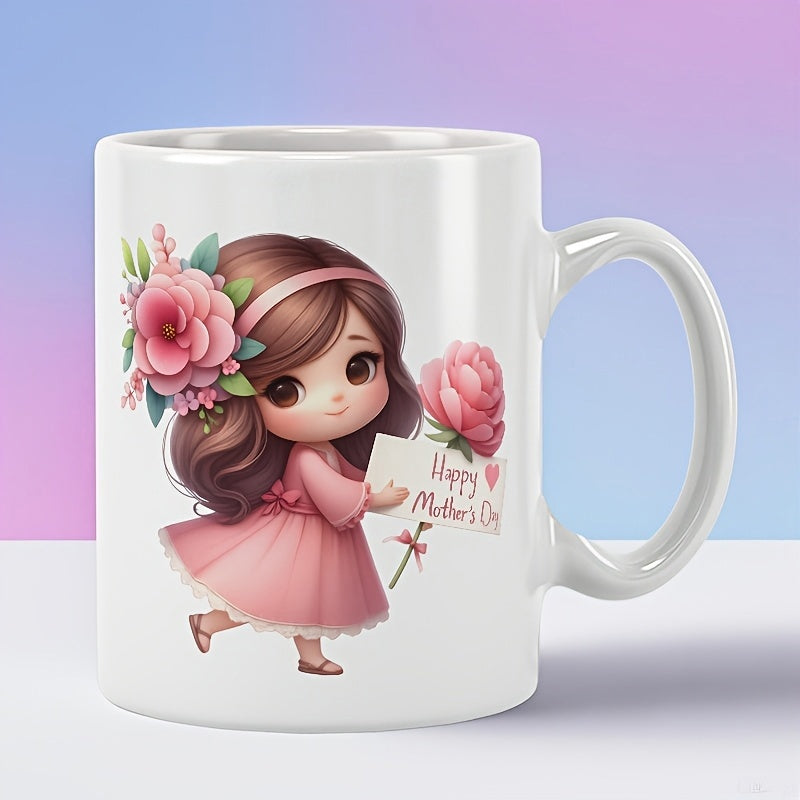 Tailorly White Ceramic 11 oz Mug - Happy Mothers Day Adorable Cartoon Character Holding Greeting Card And Pink Rose Girl