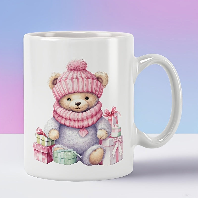 Tailorly White Ceramic 11 oz Mug - Adorable Watercolor Teddy Wearing Pink Winter Accessories Beside Festive Pastel Gift Bear