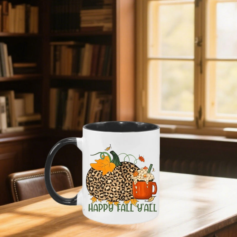 Tailorly Black Accent 11 oz Mug - leopard print pumpkin design happy fall