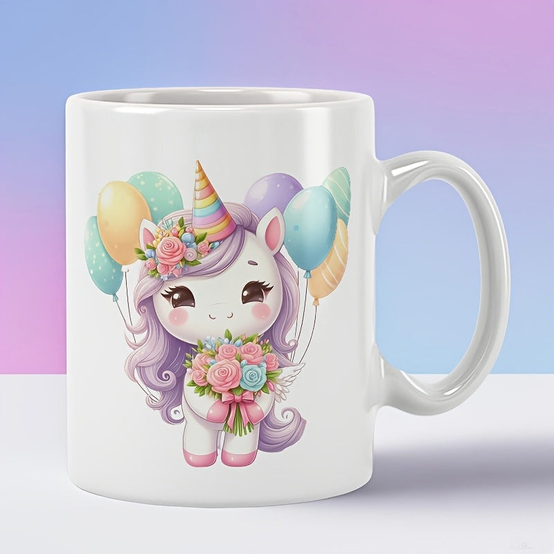 Tailorly White Ceramic 11 oz Mug - Adorable Magical Creature Wearing Colorful Party Hat With Floating Festive Balloons Unicorn