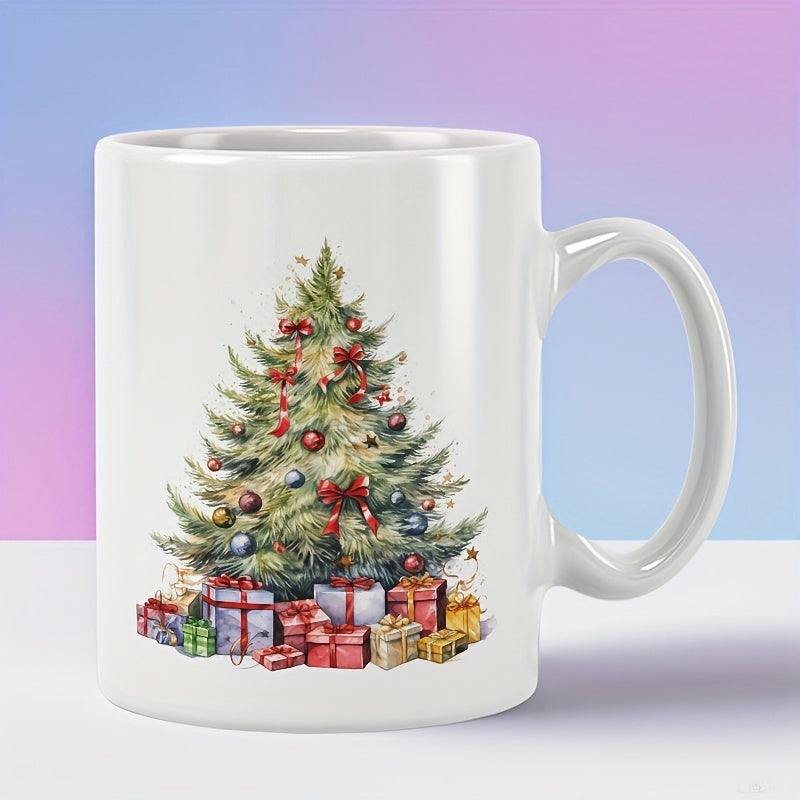 Tailorly White Ceramic 11 oz Mug - Hand Painted Watercolor Style Decorated With Red Ribbons Ornaments And Presents Tree