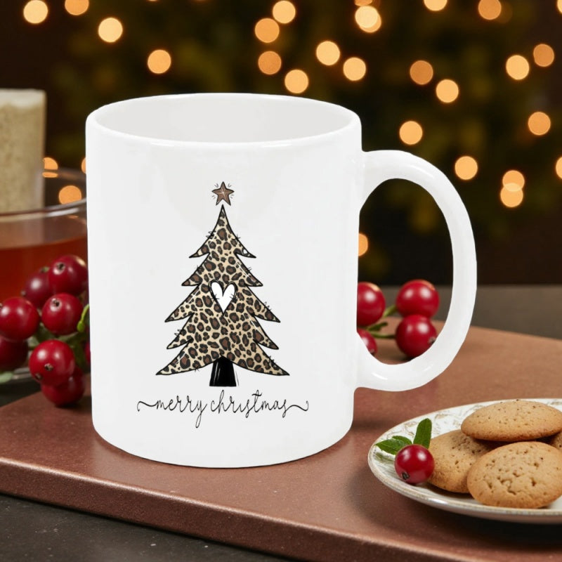 Tailorly White Ceramic 11 oz Mug - Merry Christmas Leopard Print Pattern Decorated With White Heart And Star Tree